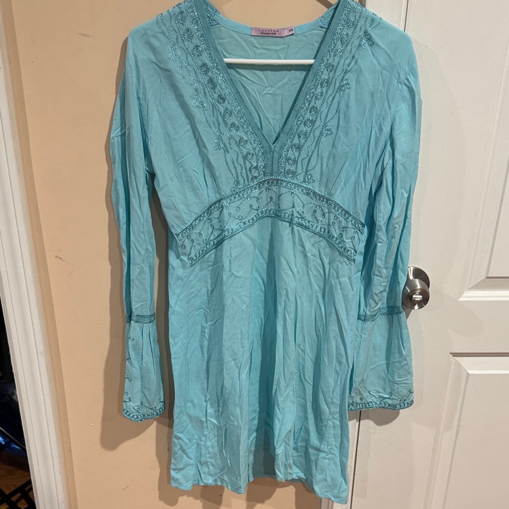 Aqua Embroidered V-Neck Blouse